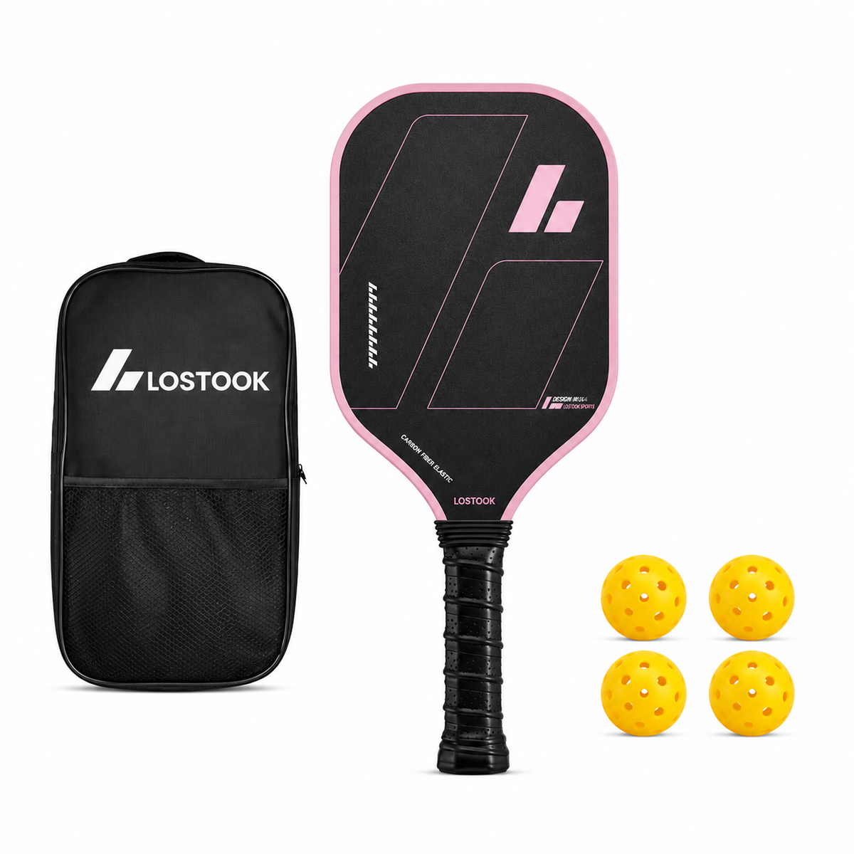 Raquette de pickleball noire et rose avec housse de transport noire et quatre balles jaunes incluses