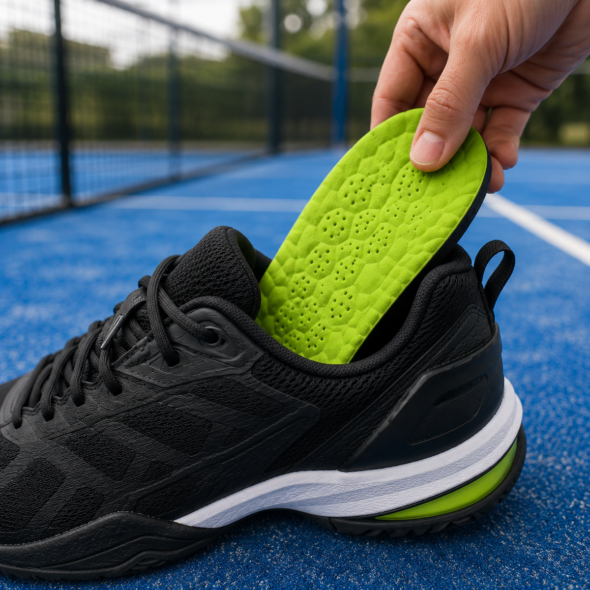 Main insérant la semelle verte dans une chaussure de sport noire sur un terrain de padel