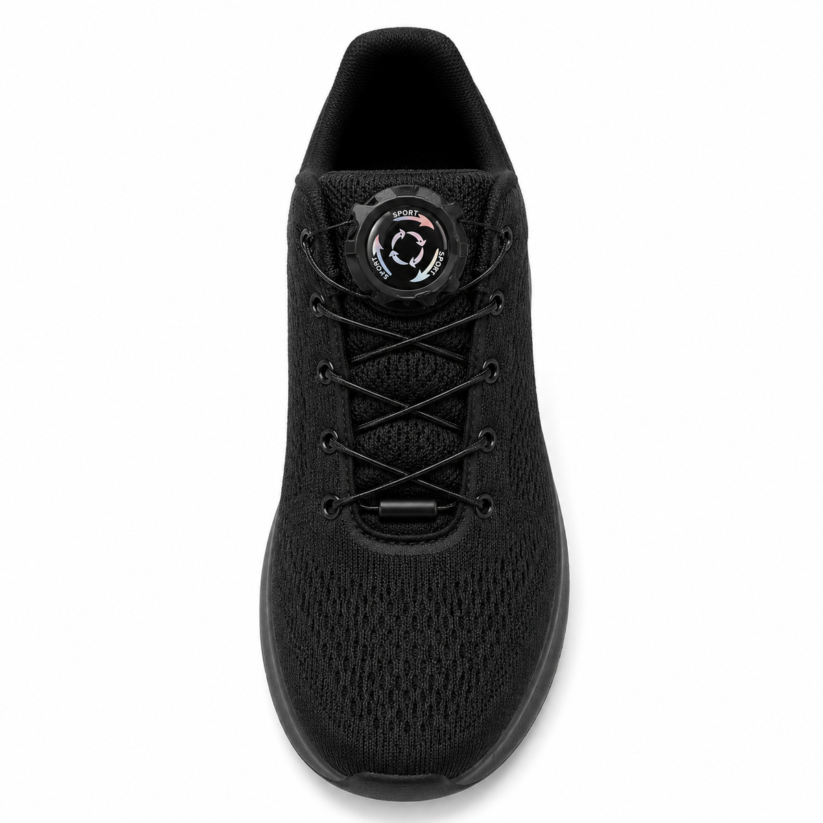Chaussure de sport noire équipée du lacet automatique avec fermoir pivotant, vue de dessus