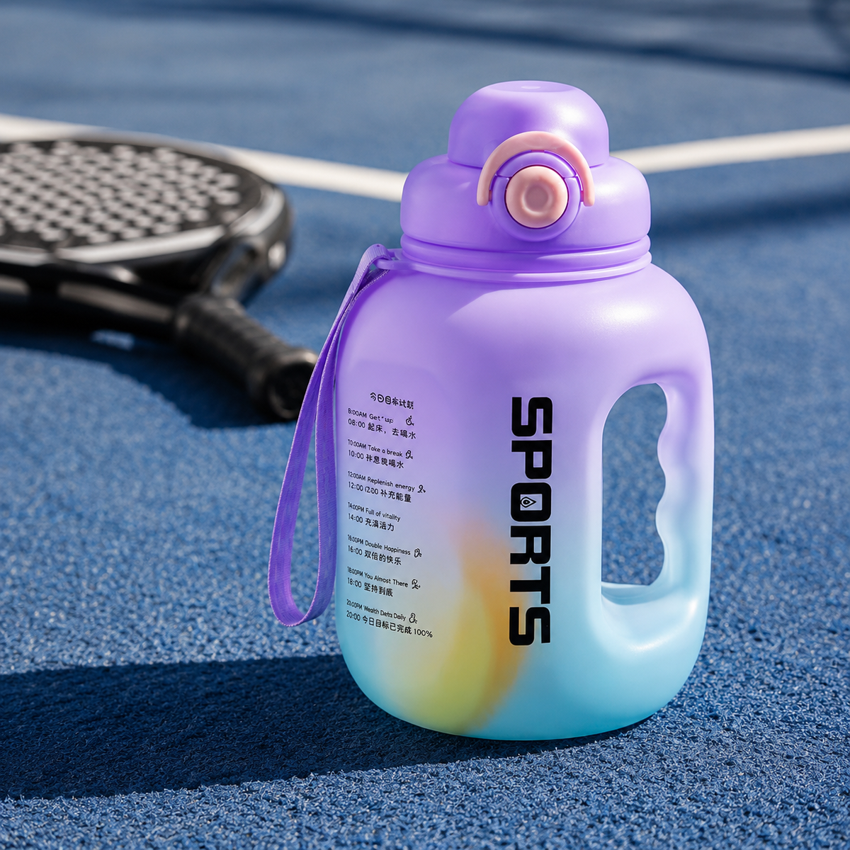 Gourde de sport XXL dégradé violet posée sur un terrain de padel avec une raquette - photo lifestyle