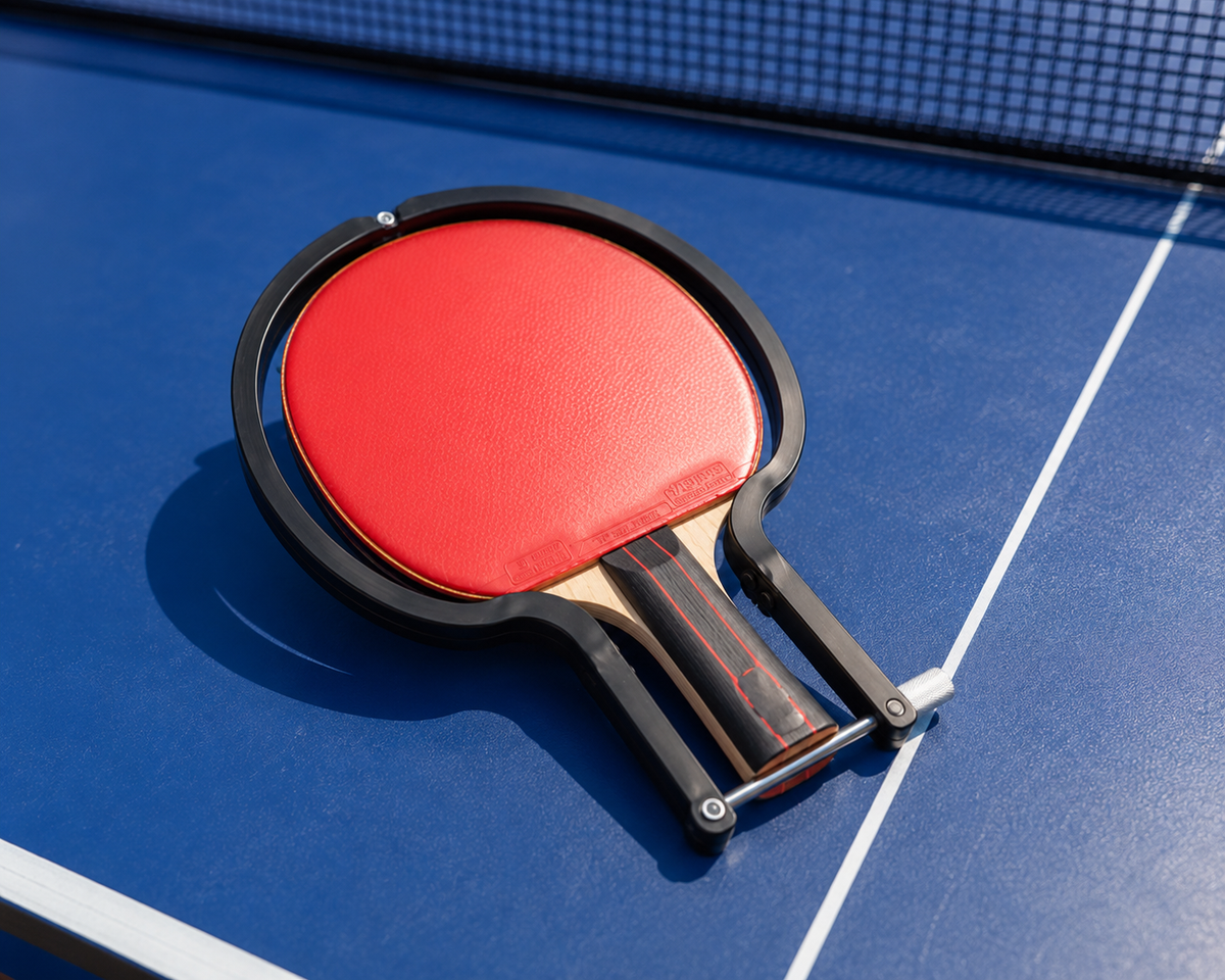 Outil de découpe installé sur le manche d'une raquette de tennis de table rouge et noire, posée sur la table