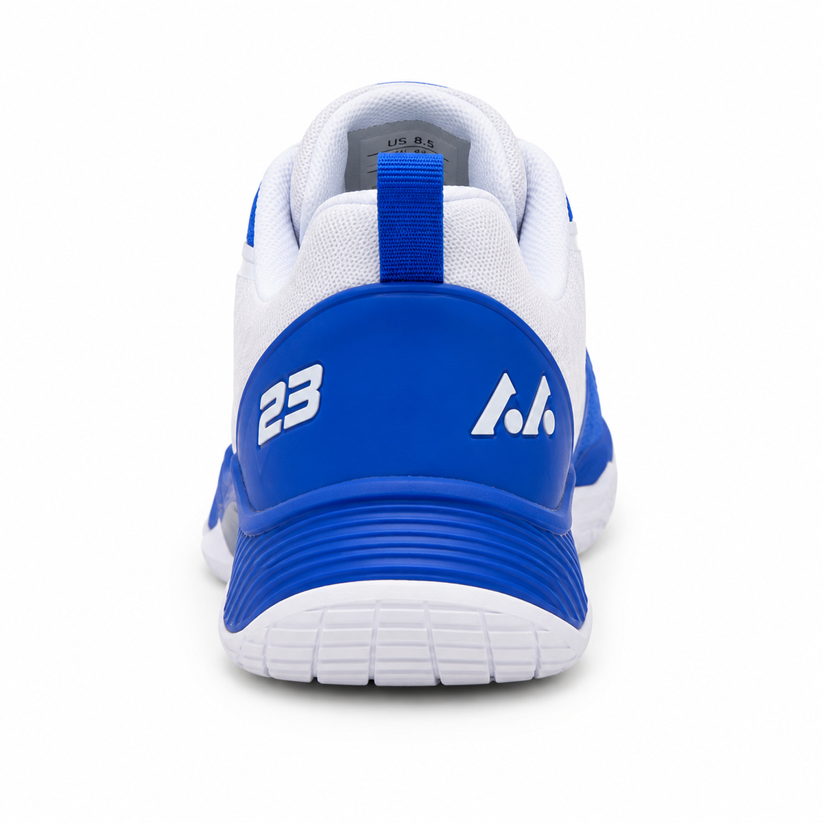 Chaussure de badminton femme bleue et blanche, vue arrière du talon