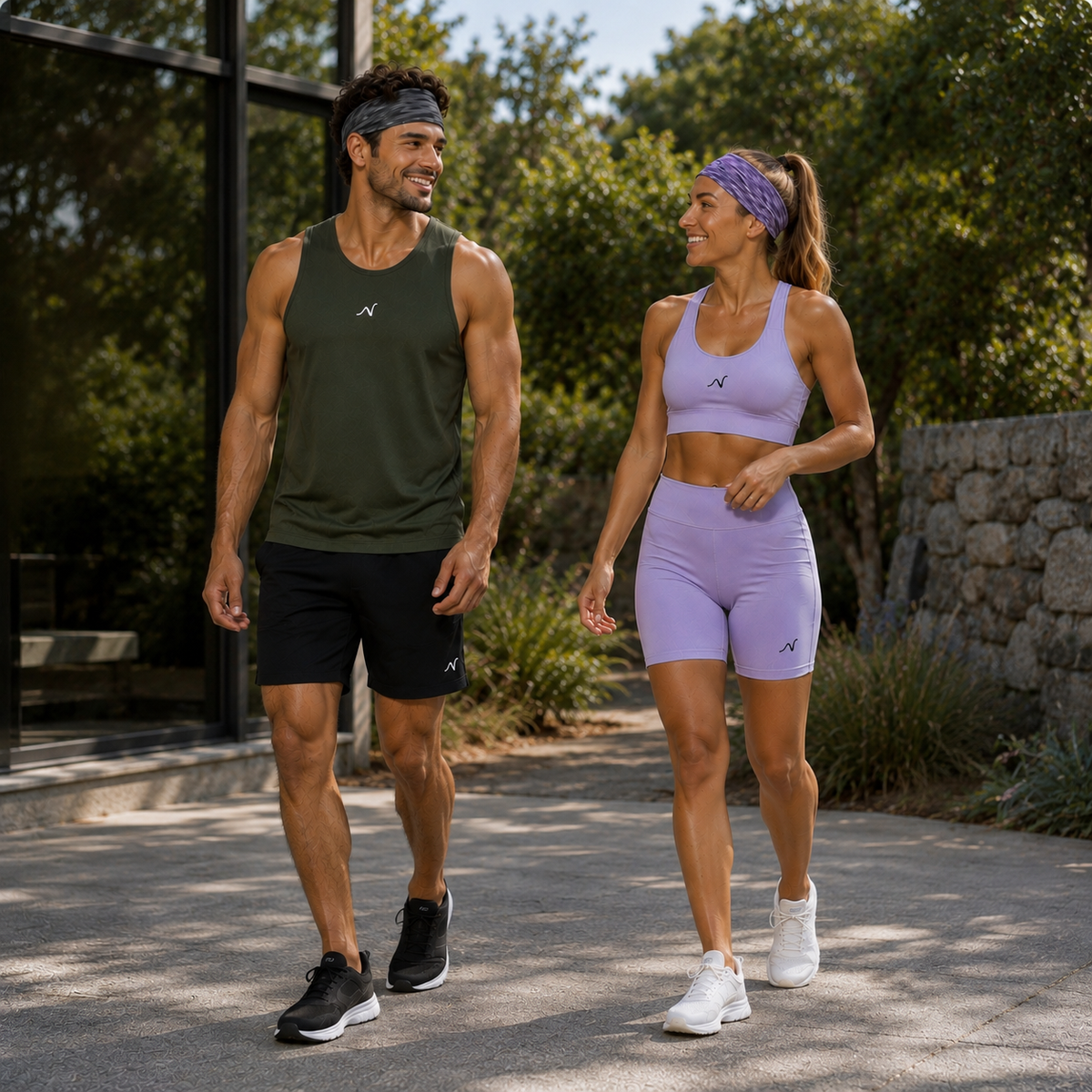 Homme et femme portant des bandeaux larges de sport en courant ensemble en extérieur - photo lifestyle