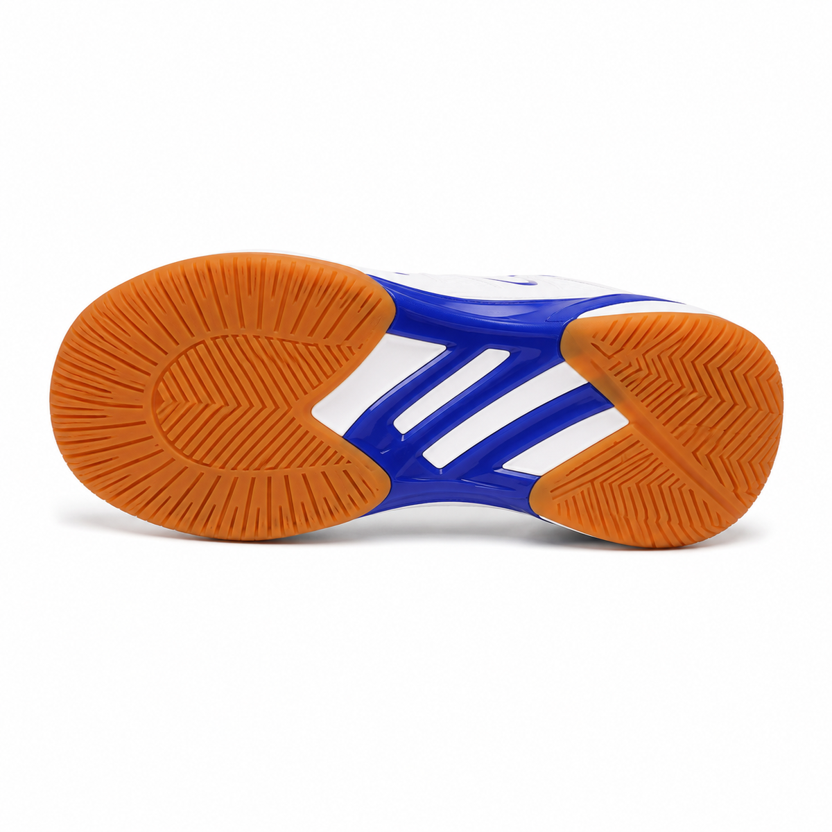 Semelle orange crantée de la chaussure blanche et bleue