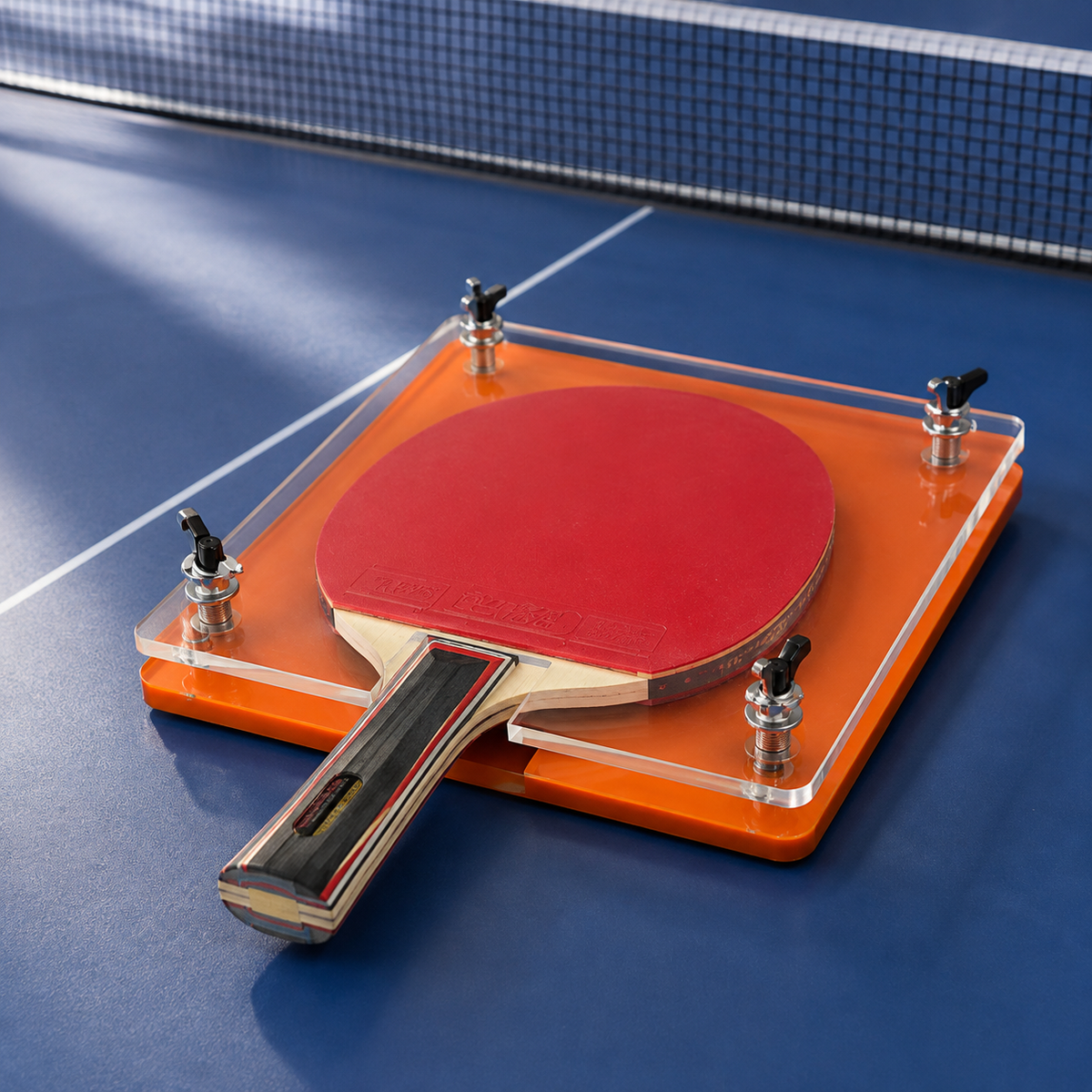 Raquette de ping-pong avec revêtement rouge maintenue dans la presse orange, posée sur une table de ping-pong