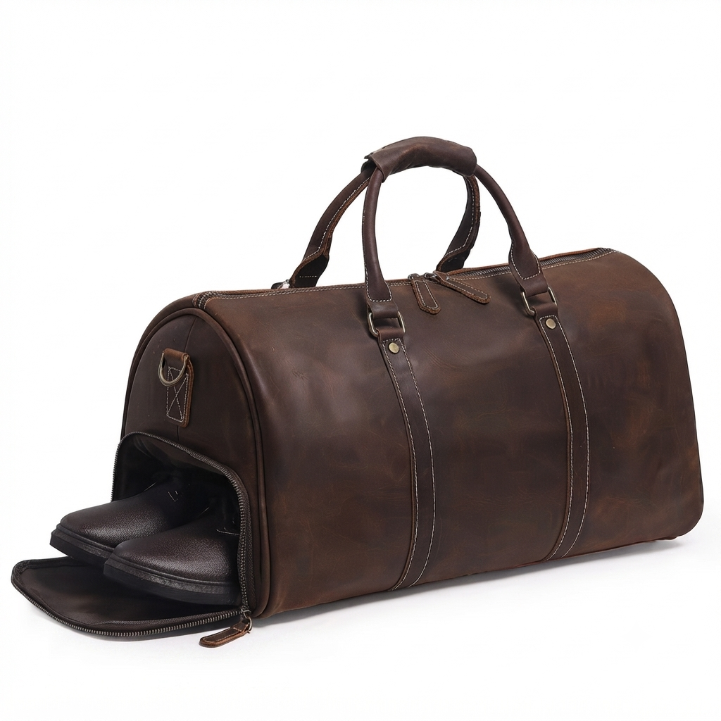 Sac de Voyage Cuir Marron Café – Ordinateur 15" & Compartiment Chaussures