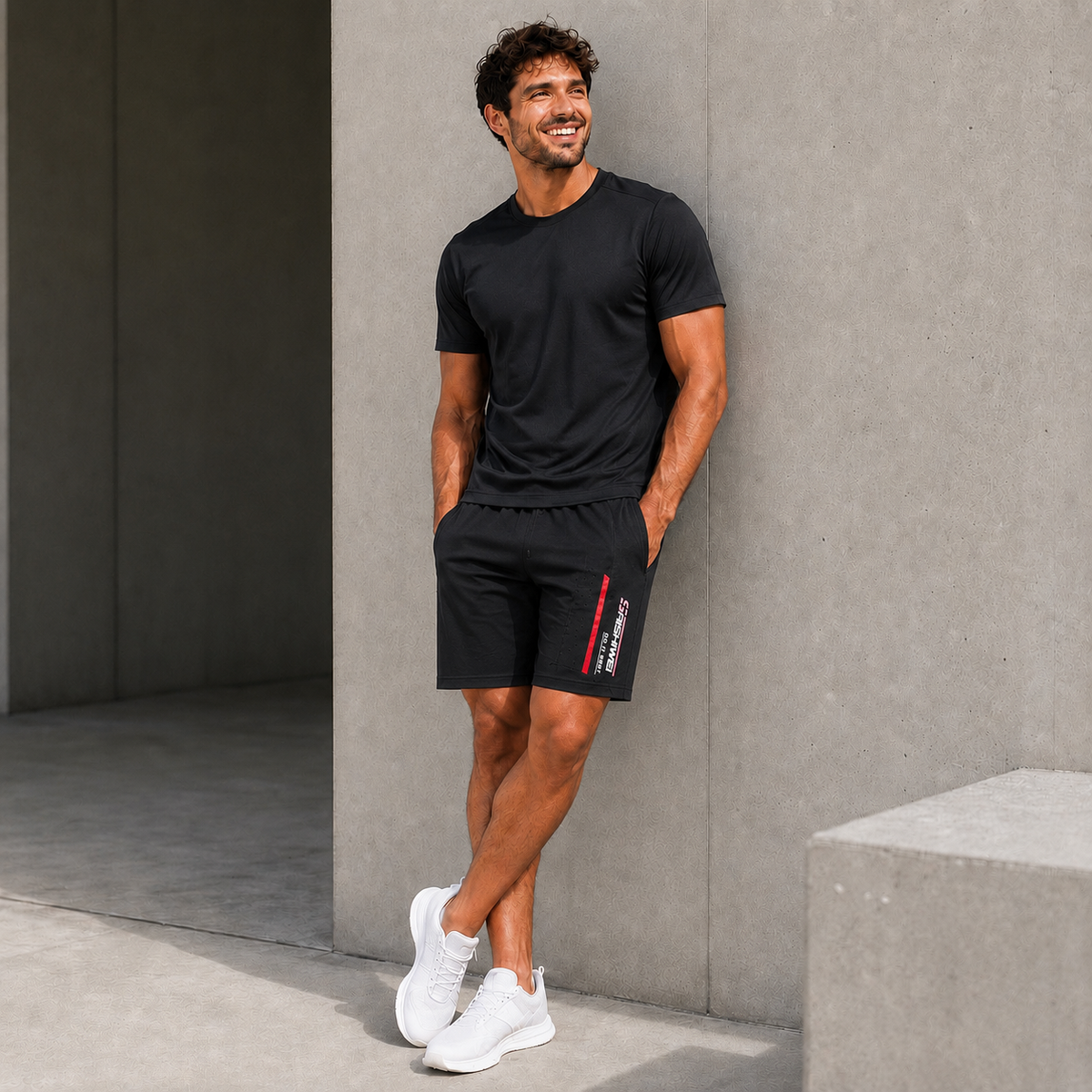 Homme portant le short de padel ample noir avec accent rouge et t-shirt noir, photo lifestyle en extérieur