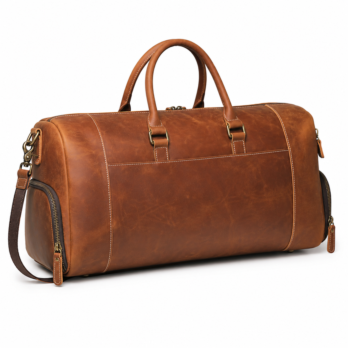 Sac de voyage en cuir marron avec double poignée et bandoulière, vue de profil