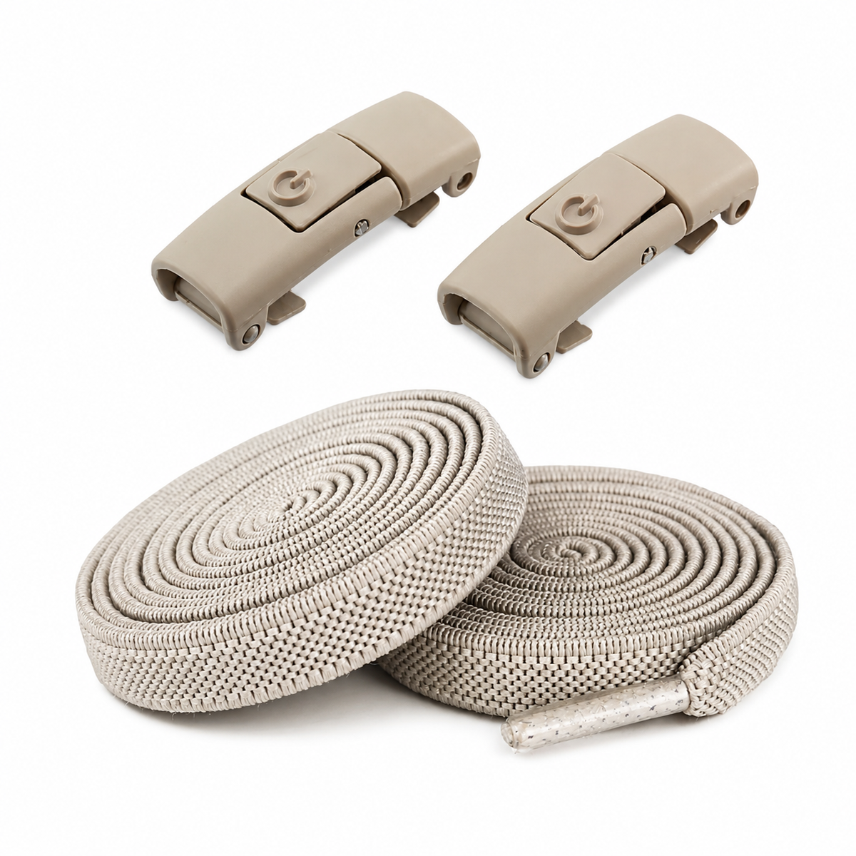 Gros plan sur les fermoirs et les lacets élastiques enroulés beige
