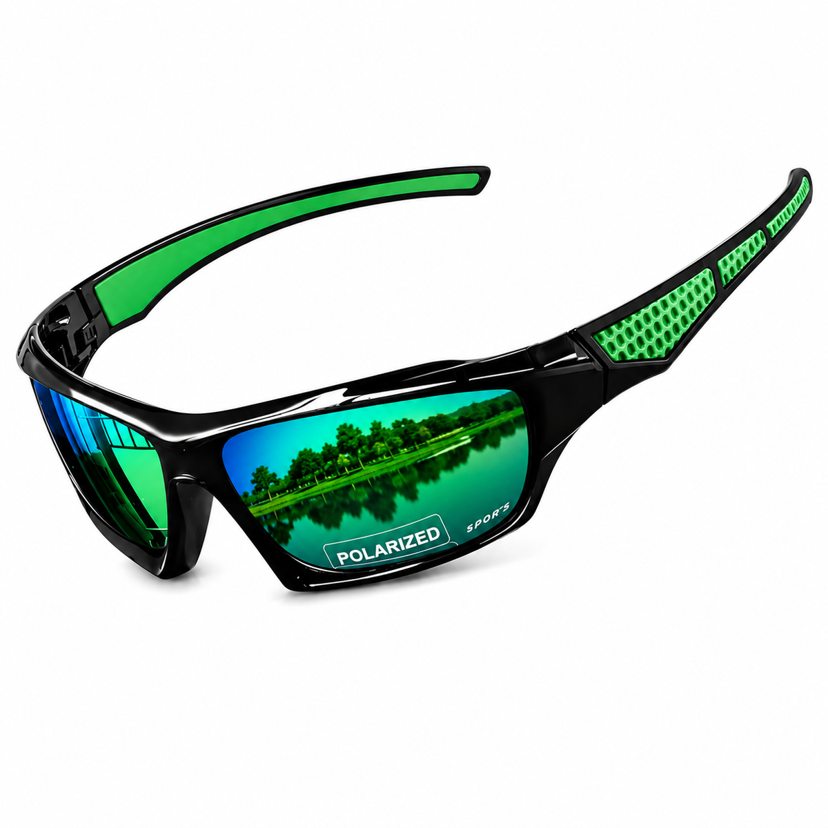 Lunettes de sport noires avec branches vertes et verres miroir verts polarisés, vue en angle