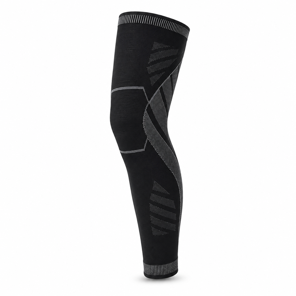 Manchon de compression jambe complète noir et gris couvrant cuisse, genou et mollet