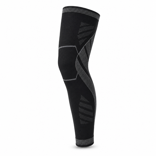 Manchon de compression jambe complète noir et gris couvrant cuisse, genou et mollet