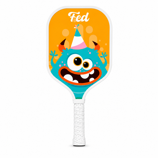 Raquette de pickleball enfant orange avec illustration de monstre souriant nommé Fed, vue de face