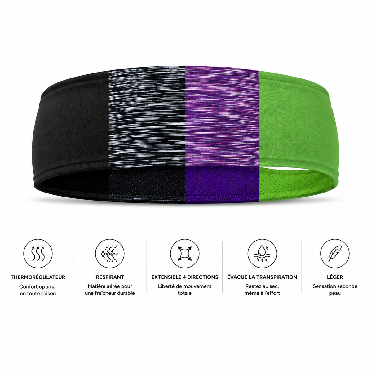 Bandeau large de sport noir, gris chiné, violet et vert - infographie des caractéristiques : thermorégulateur, respirant, extensible 4 directions, évacue la transpiration, léger