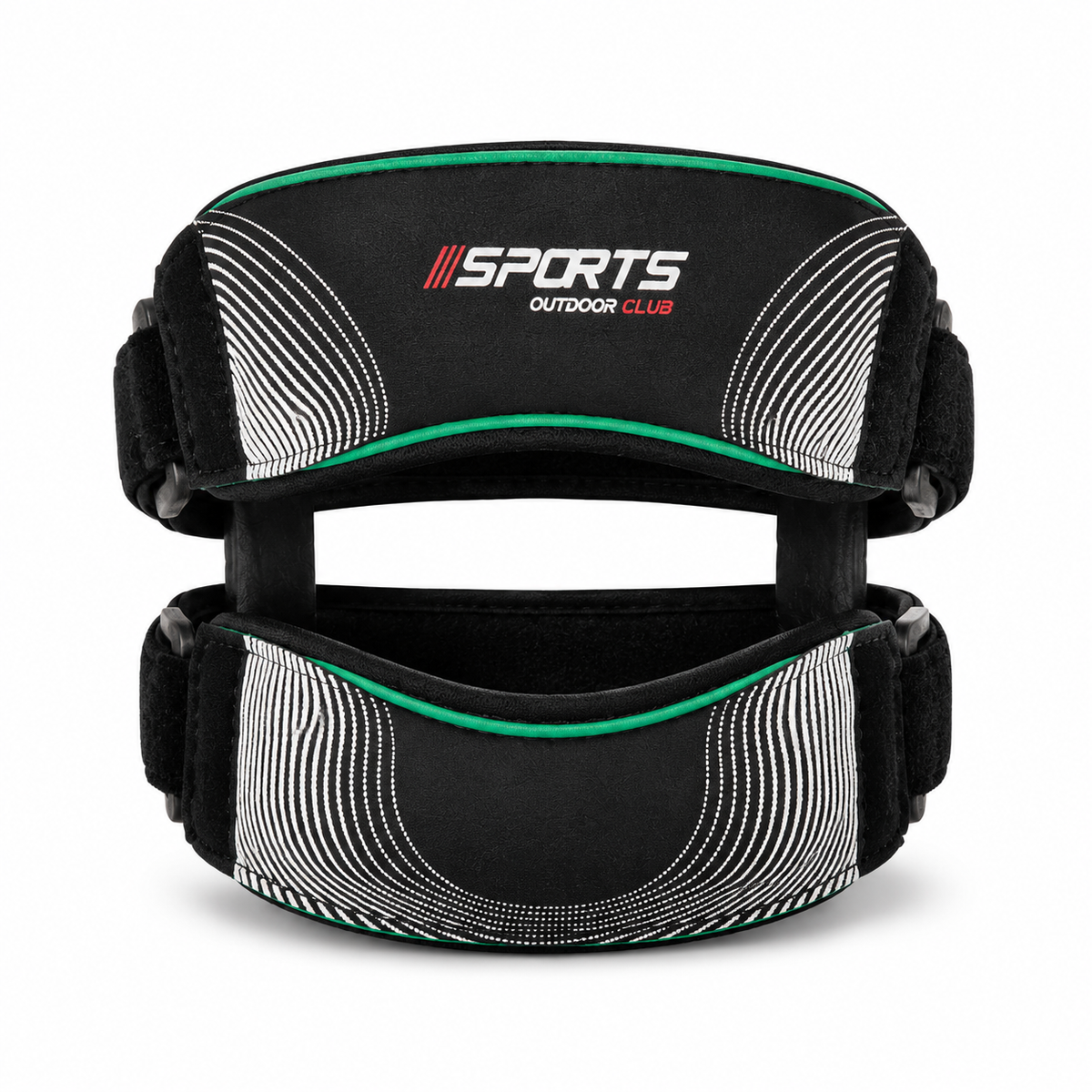 Genouillère de compression noire avec liseré vert, gros plan vue de face