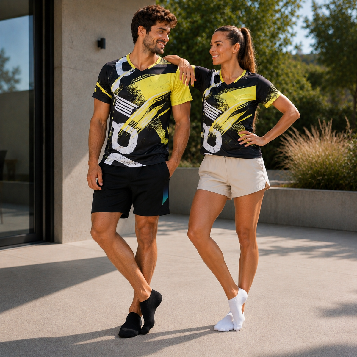 Homme et femme portant le maillot technique noir et jaune à motif abstrait, photo lifestyle en extérieur