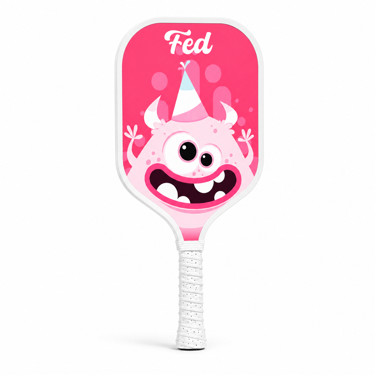 Raquette de pickleball enfant rose avec illustration de monstre souriant Fed