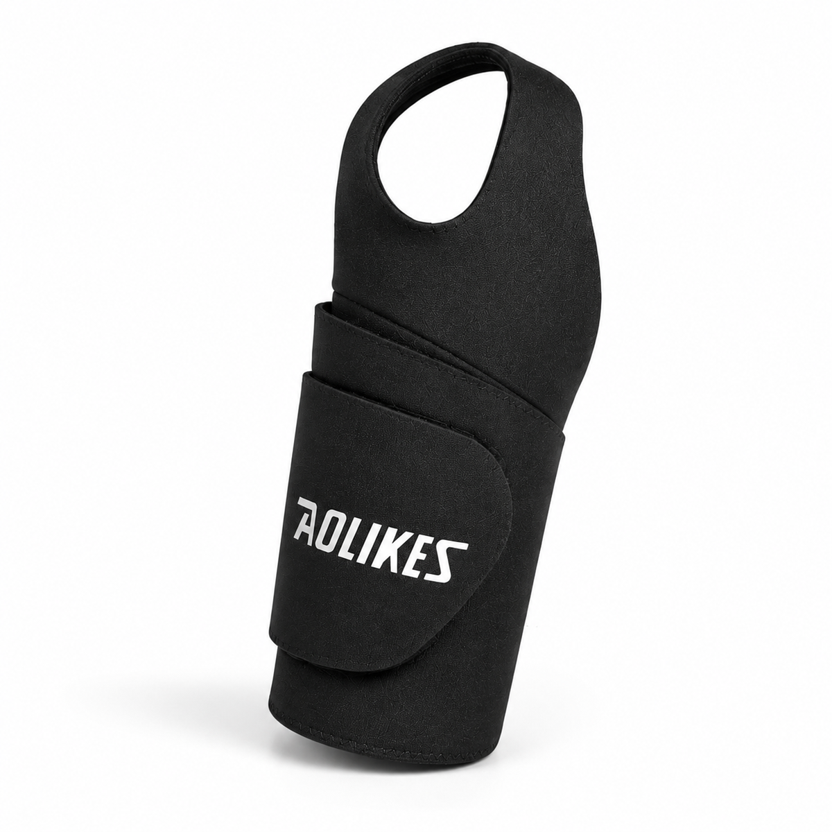Bandage de poignet noir vue en angle montrant la marque Aolikes sur la sangle