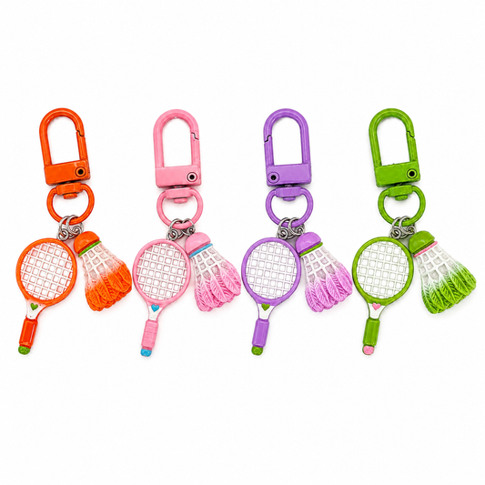 Porte-clés badminton mini raquette et volant, quatre coloris orange, rose, violet et vert