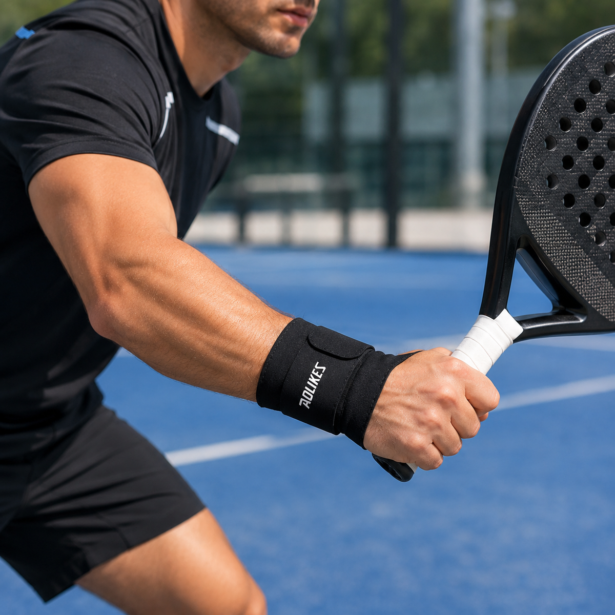 Joueur de padel portant le bandage de poignet noir en frappant une balle sur le terrain