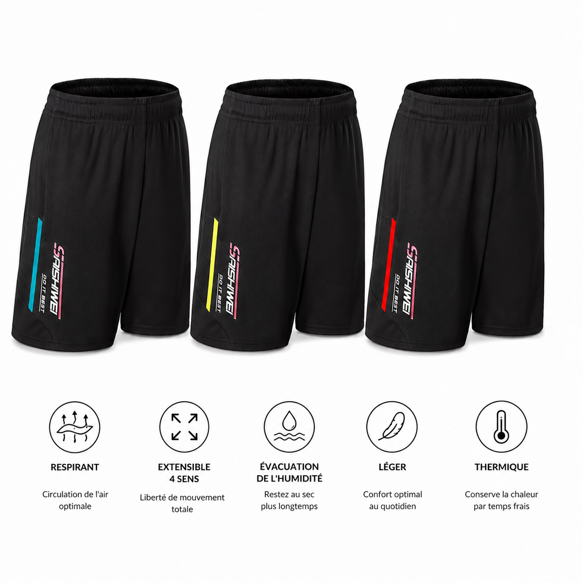 Infographie du short de padel homme ample noir à grandes poches avec icônes des caractéristiques techniques