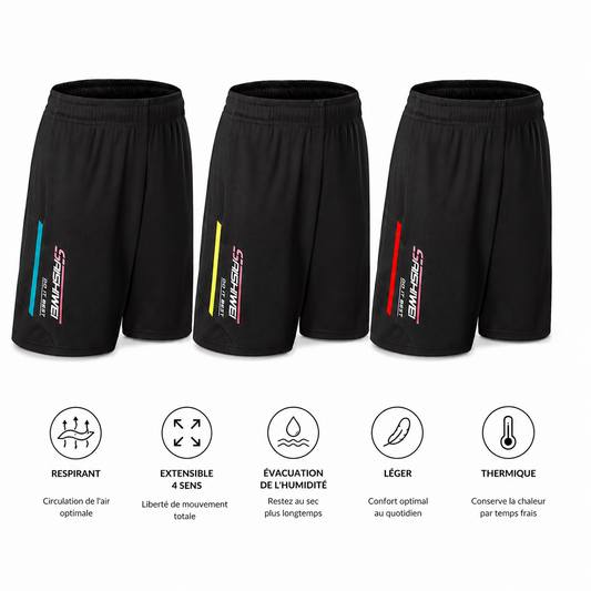 Infographie du short de padel homme ample noir à grandes poches avec icônes des caractéristiques techniques