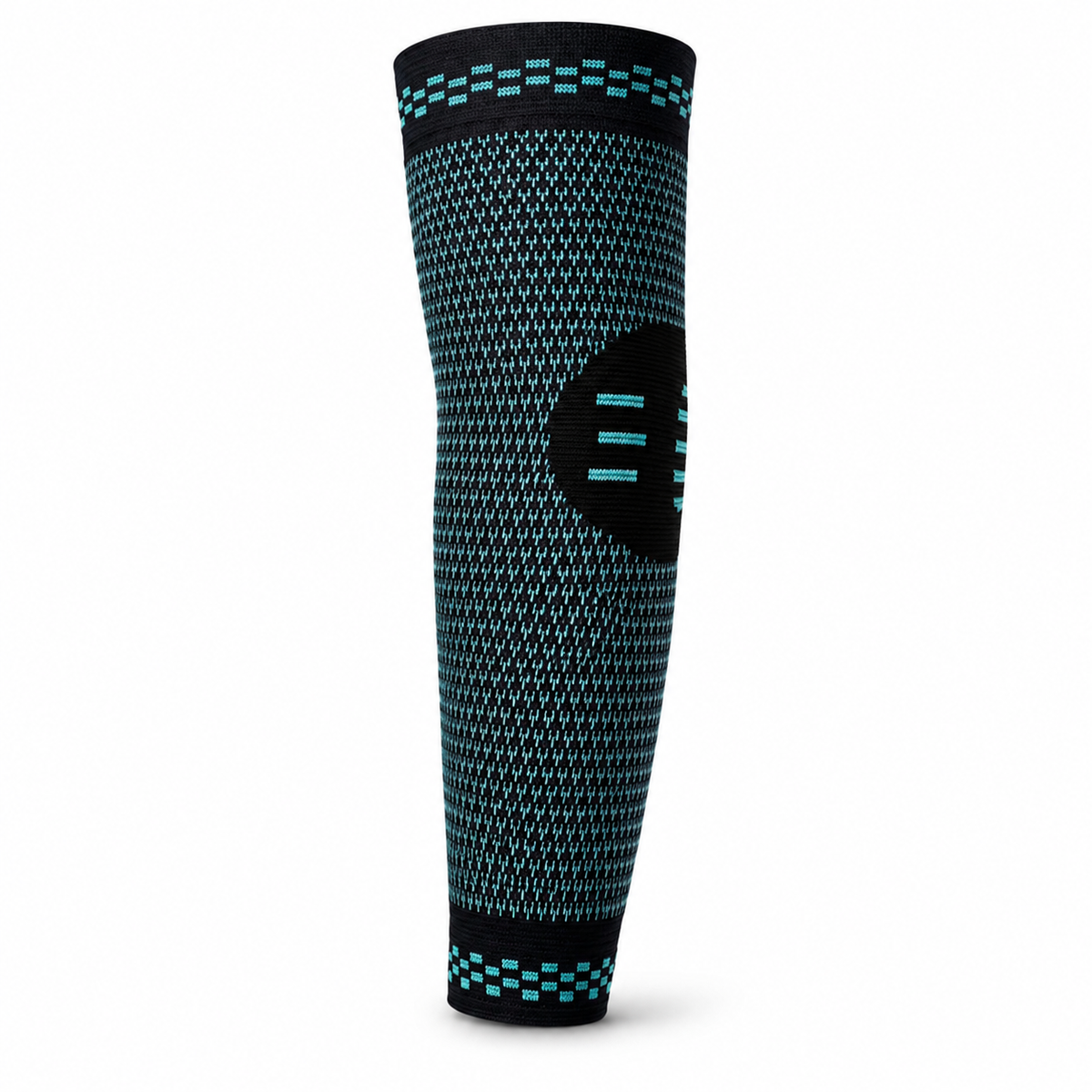 Vue de face en pied de la coudière de compression noire et turquoise sur toute sa longueur