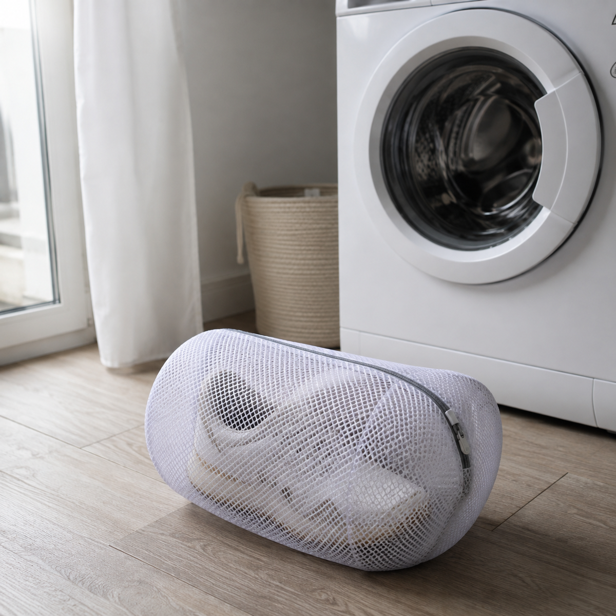 Sac de lavage en filet contenant une chaussure de sport, posé devant un lave-linge