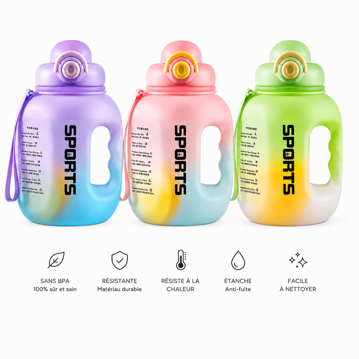 Gourdes de sport XXL dégradé violet, rose et vert avec paille - infographie des caractéristiques : sans BPA, résistante, résiste à la chaleur, étanche, facile à nettoyer