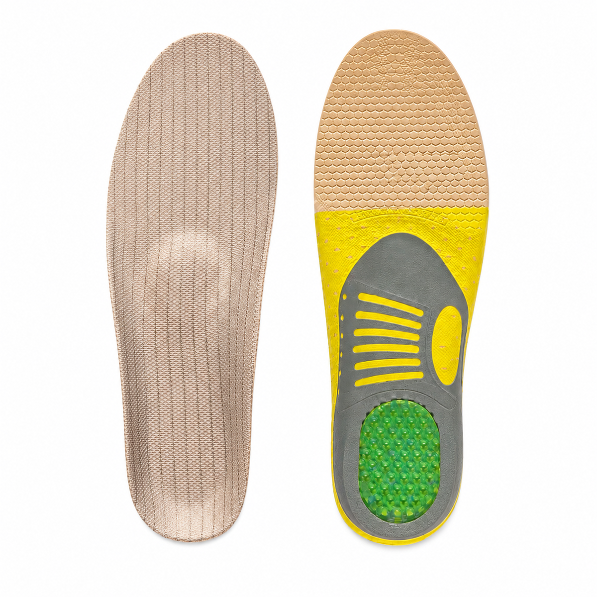 Semelle orthopédique beige et jaune avec support plantaire, vue d'ensemble