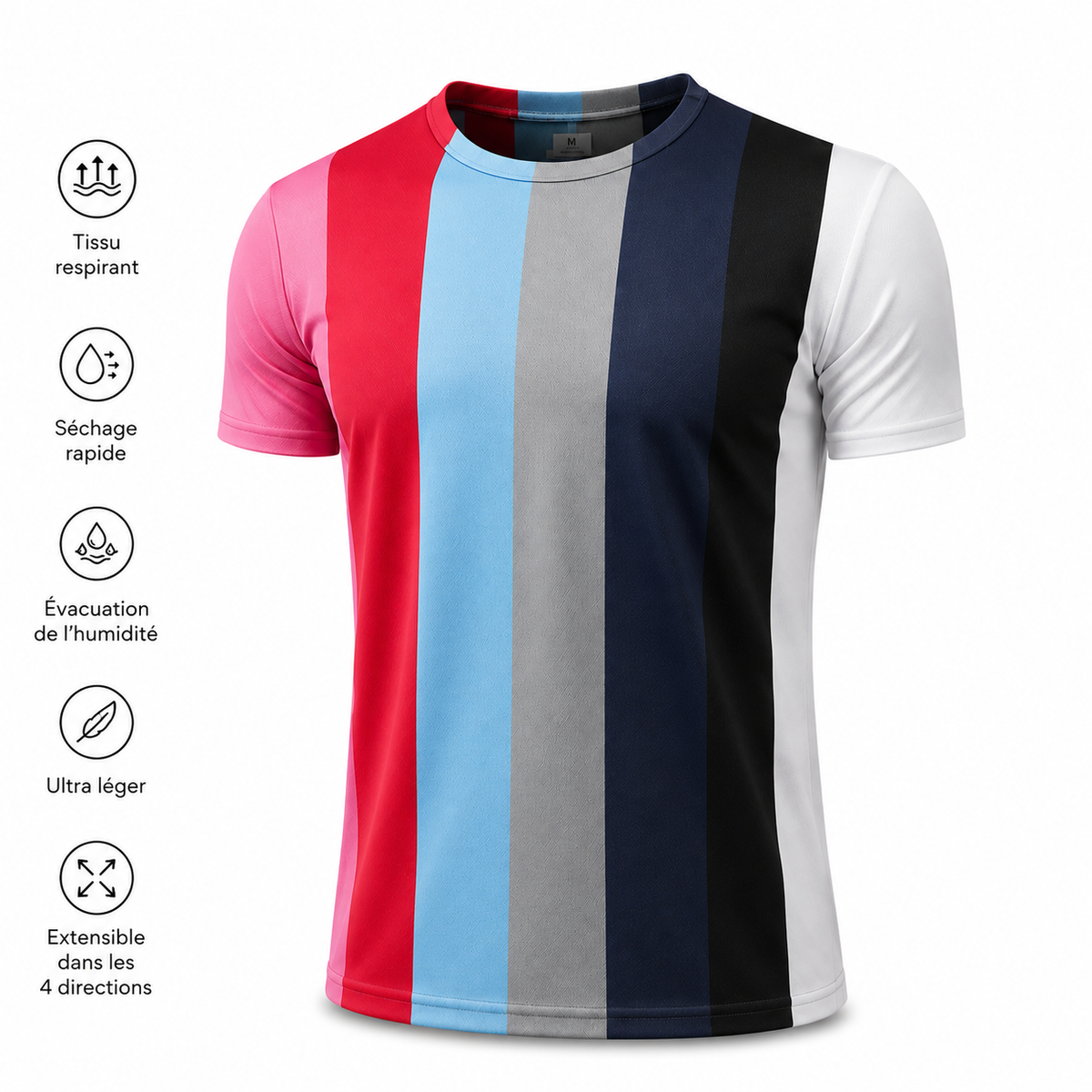 T-shirt technique à bandes verticales rose, bleu, gris, marine et blanc avec pictogrammes des caractéristiques du tissu