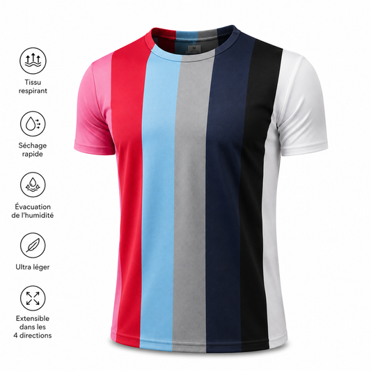 T-shirt technique à bandes verticales rose, bleu, gris, marine et blanc avec pictogrammes des caractéristiques du tissu