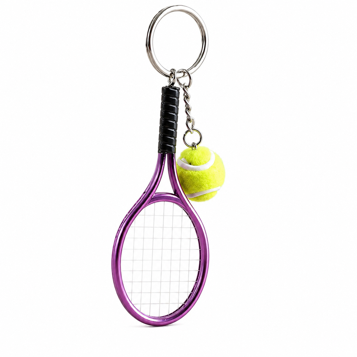Porte-clés mini raquette de tennis violette avec balle pompon et chaîne