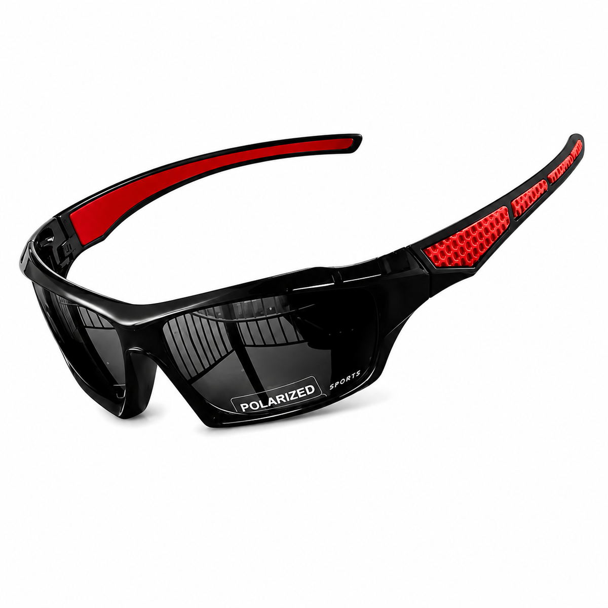 Lunettes de sport noires avec branches rouges et verres fumés polarisés, vue en angle