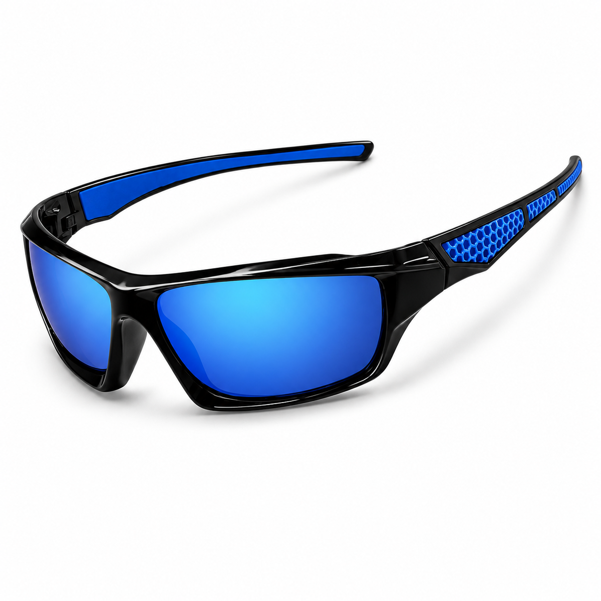 Lunettes de sport noires avec verres miroir bleus polarisés, vue en angle