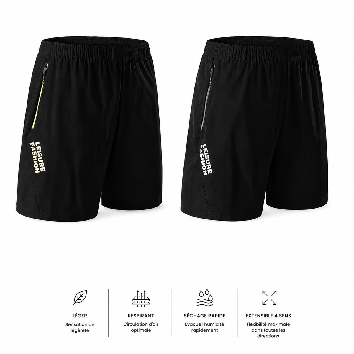 Infographie du short de padel homme noir avec poche zippée et icônes des caractéristiques techniques