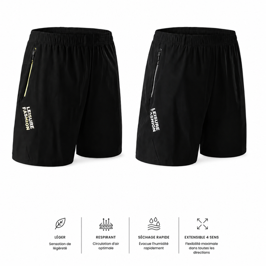 Infographie du short de padel homme noir avec poche zippée et icônes des caractéristiques techniques