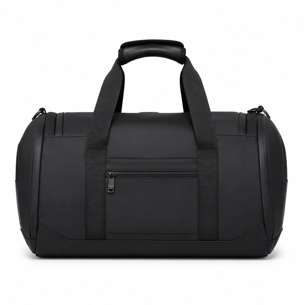Sac de sport noir vue de face montrant la poche zippée avant et les poignées