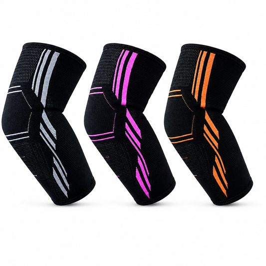 Trois manchons de compression noirs pour coude avec rayures grises, roses et orange