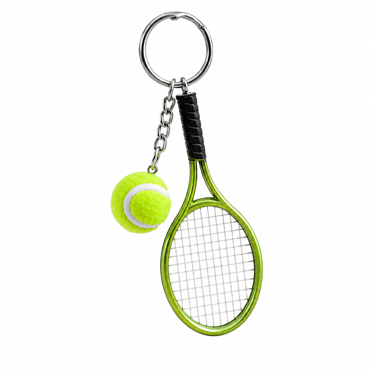 Porte-clés mini raquette de tennis verte avec balle de tennis réaliste