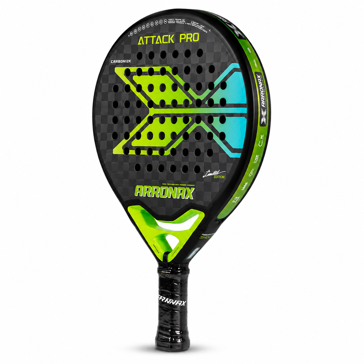 Raquette de padel Arronax Attack Pro vue de trois-quarts montrant le cadre vert sur la tranche