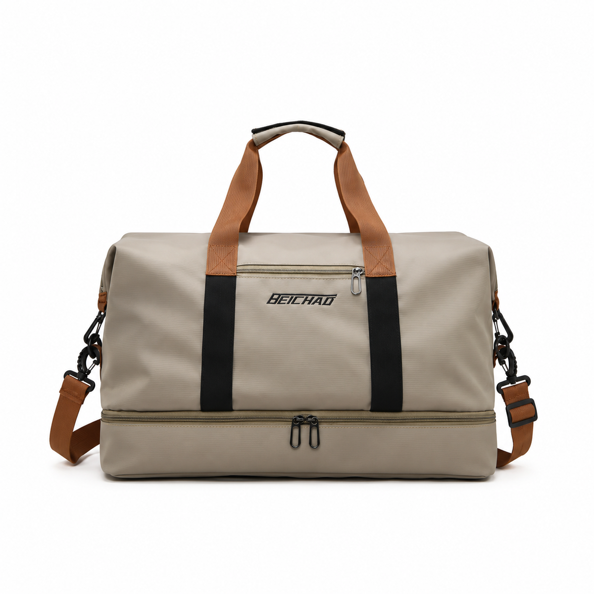 Sac polochon gris taupe avec poignées en similicuir tan et bandoulière, vue de face