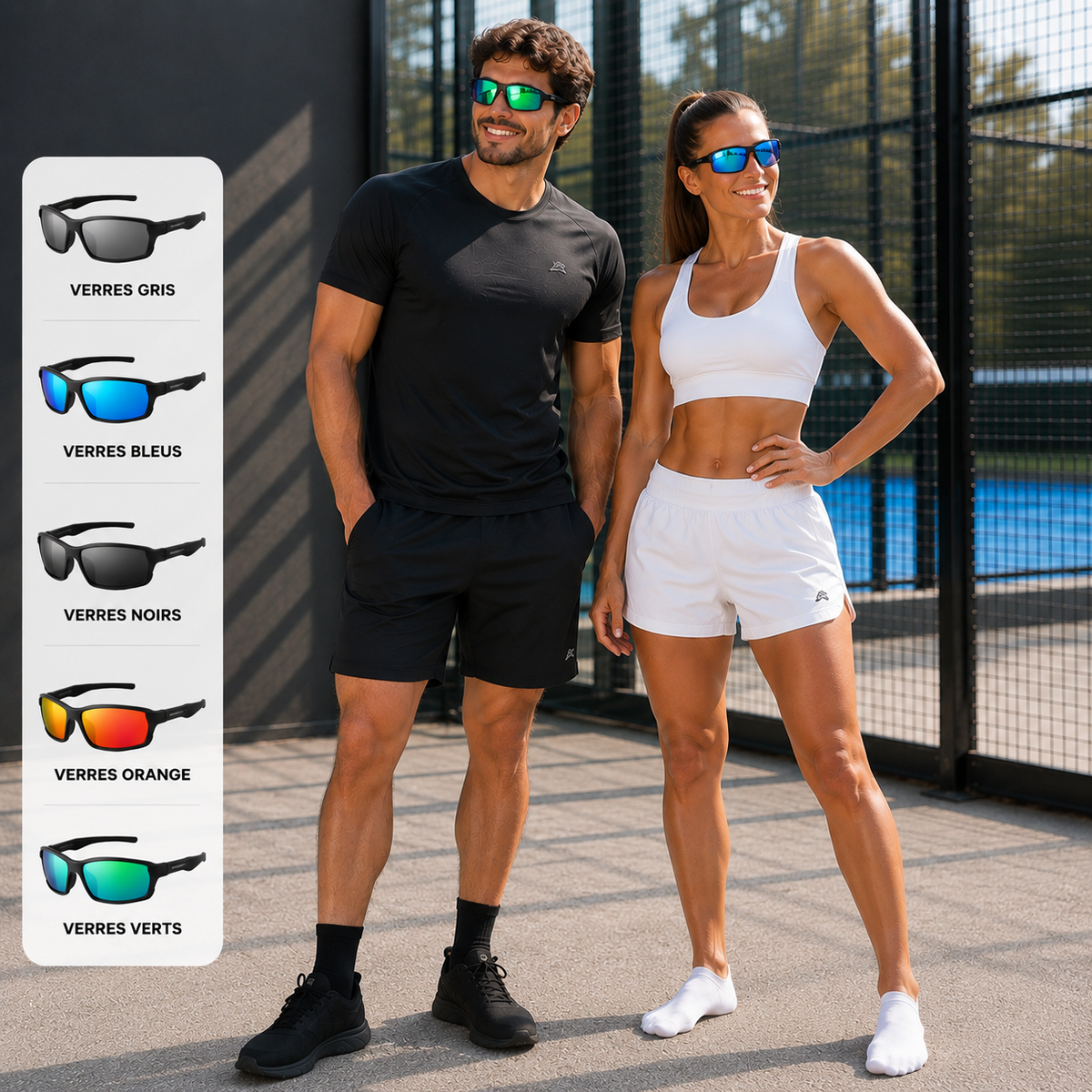 Lunettes de soleil polarisées sport portées par un homme et une femme sur un terrain de padel - photo lifestyle avec options de couleurs