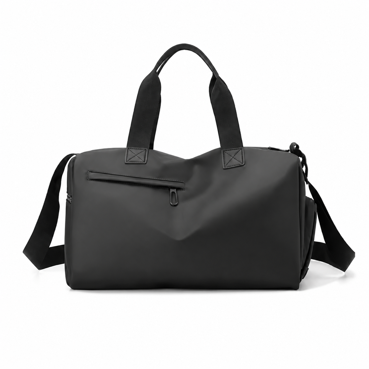Sac de sport compact noir vue en angle montrant la bandoulière et la poche latérale