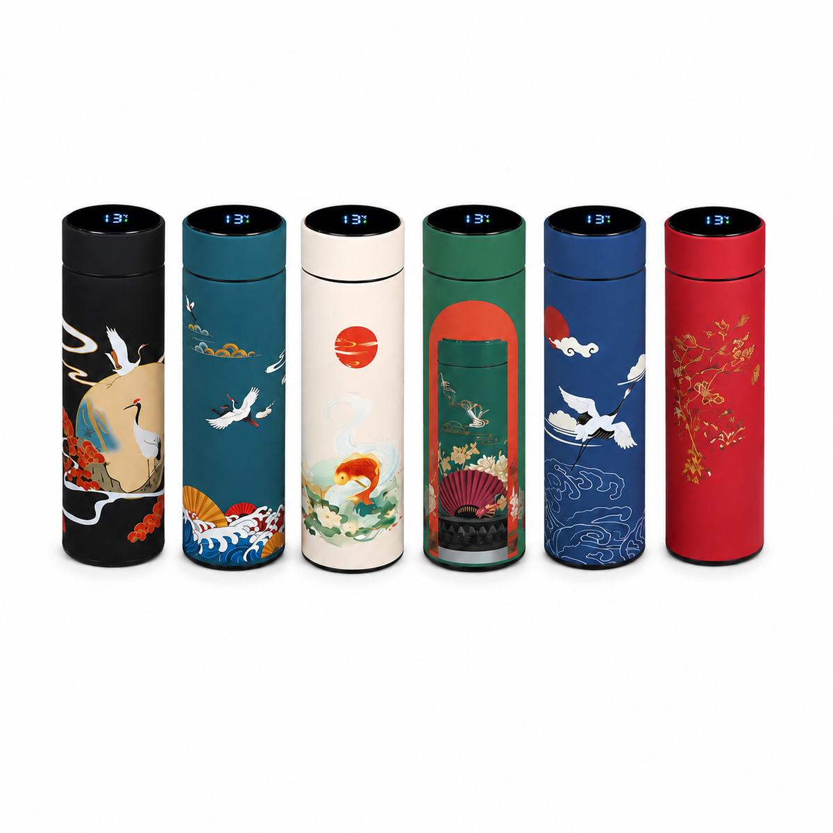 Thermos isotherme padel design rétro avec motifs japonisants (grues, vagues, soleil) en 6 coloris avec affichage digital de température - vue d'ensemble