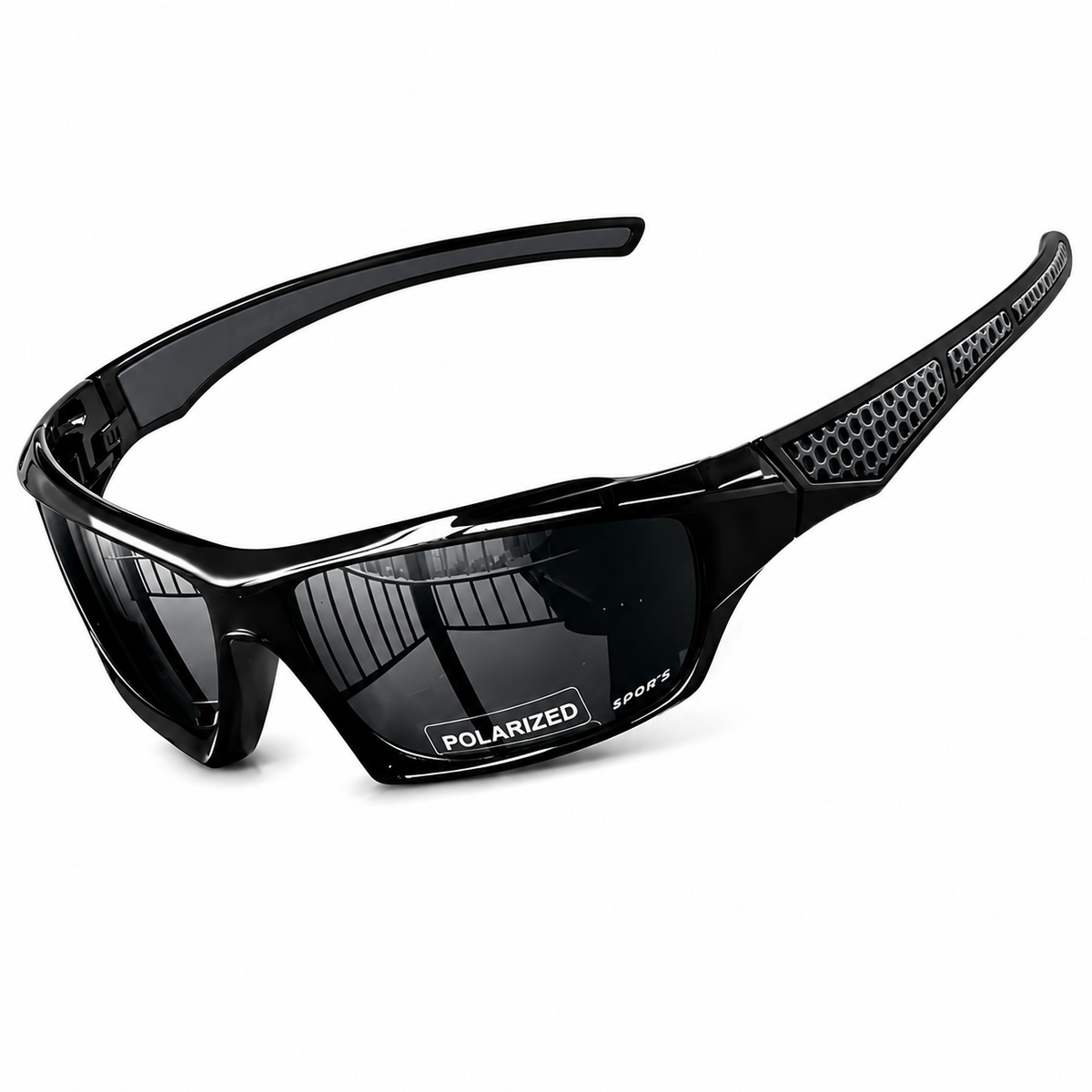 Lunettes de sport entièrement noires avec verres fumés polarisés, vue en angle
