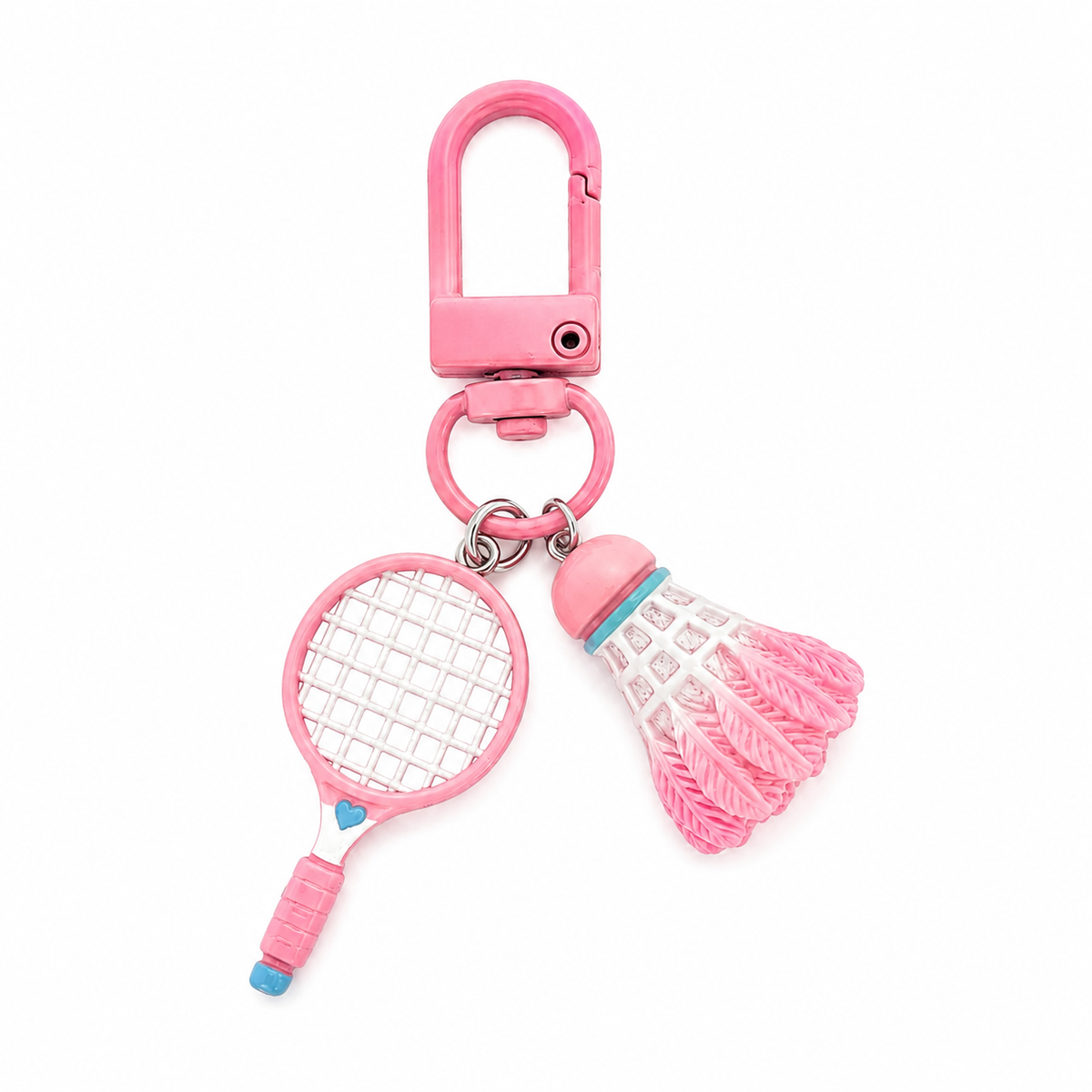 Porte-clés badminton mini raquette et volant, coloris rose fuchsia