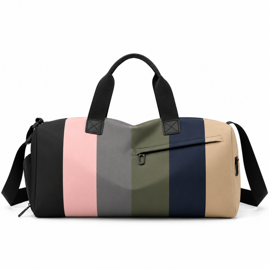 Sac de sport compact color block rose, gris, vert, bleu marine et beige, vue de face