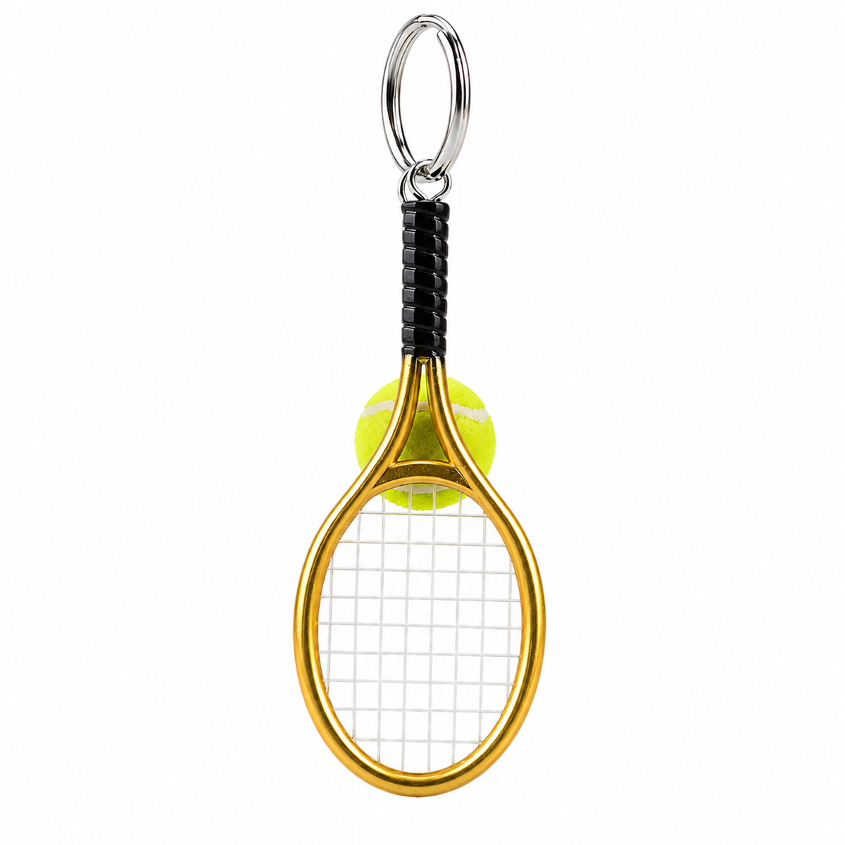 Porte-clés mini raquette de tennis jaune dorée avec balle pompon