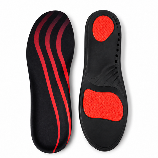 Semelles en gel PU noires avec zones d'absorption des chocs rouges, vue de dessus et de dessous